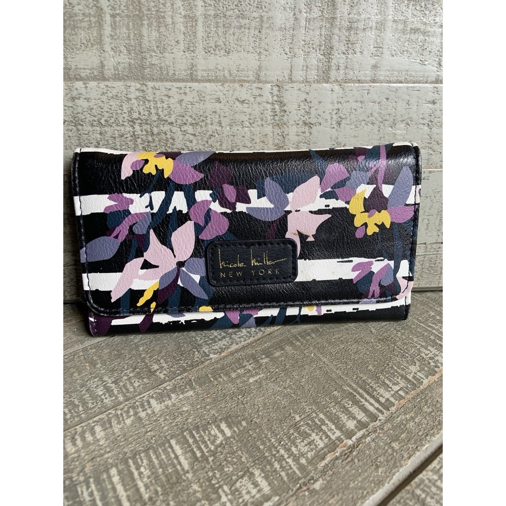 Nicole Miller Wallet Clutch Floral Multi Color Fabric‎ Black Faux Leather Trim